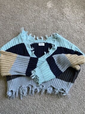 Storia Mint, Navy & Beige Striped Fringe V‑Neck Sweater